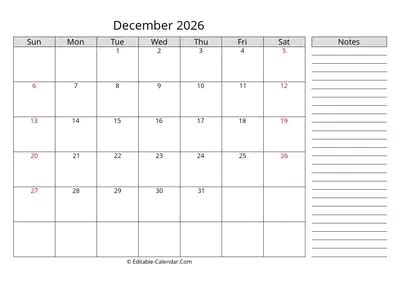 Editable Calendar December 2026 in Excel, Word, PDF