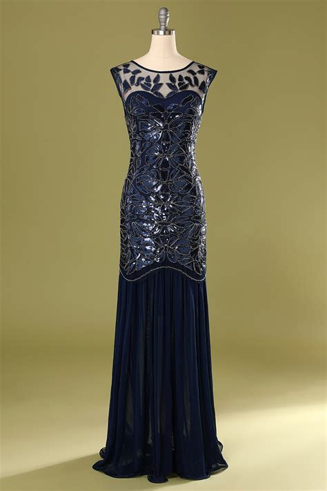 Mermaid Navy Boat Neck Sequin 1920s Gatsby Flapper Formal Dress Zapaka