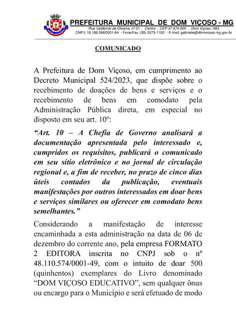 Comunicado Prefeitura Municipal De Dom Viçoso