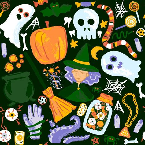 Halloween Sketch Dark Seamless Pattern Stock Vector Illustration Of