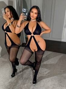 Plus Size Crisscross Sheer Bodystocking Lingerie Hollow Out Seamless Slinky Jumpsuit Cut Out