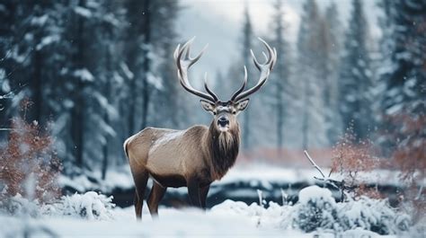 View Of Elk With Winter Nature Landscape AI Generated Image