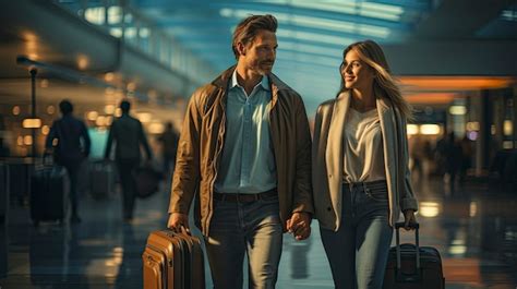 Casal De Fam Lia Feliz Bagagem Pronta Para Viajar No Aeroporto