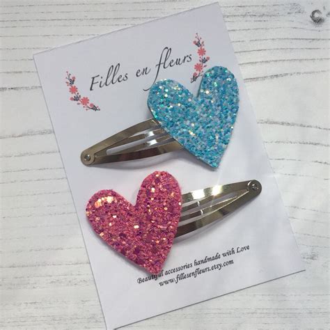 Heart Hair Clips Set Of 2 Hair Clips Glitter Heart Hair Snap Etsy