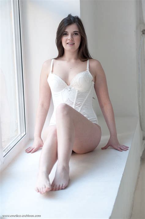 Sexy Brunette In White Lingerie Strips Naked Exposing Shaved Pussy