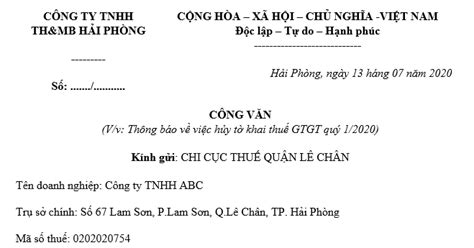 Mời bạn đọc tải về mẫu công văn xin hủy tờ khai thuế GTGT