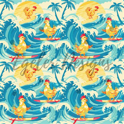 Surfing Chickens 20 Seamless Pattern Digital Download Egeler Designs