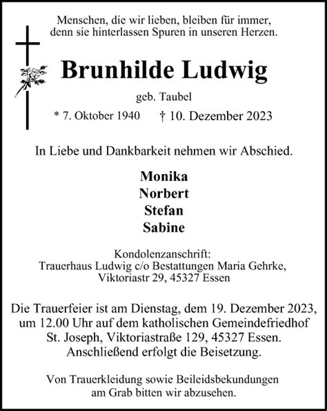 Traueranzeigen Von Brunhilde Ludwig Trauer In Nrw De