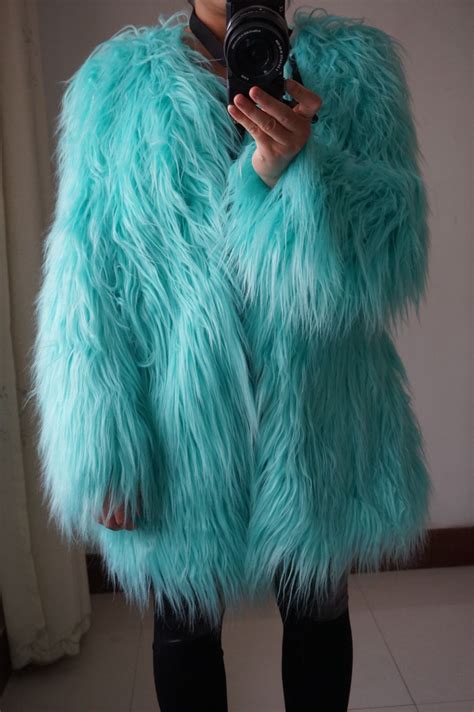 Gtgyff Winter Shaggy Long Sleeve Solid Mint Green Faux Fake Fur Jacket Coat For Women Warm Woman