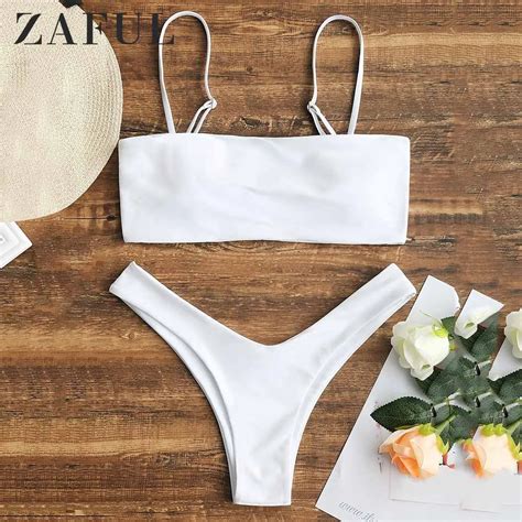 Zaful Bikini Cami High Cut Bikini Set Elastic Wire Free Solid Swim Suit