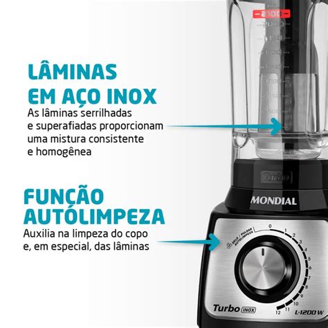 Liquidificador Turbo Mondial 1200W Preto Inox L 1200 BI Área