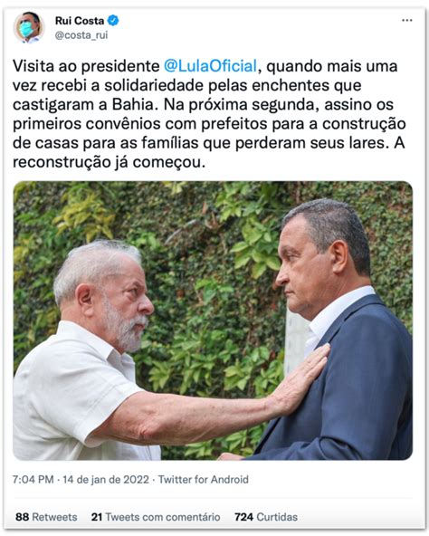 Rui Costa Encontra Lula Solidariedade Pelas Enchentes