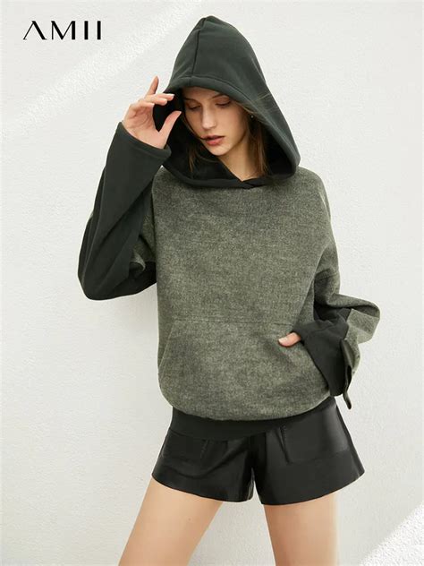 Amii Minimalism Winter Hoodies For Women Casual Hooded Sweatshirt Women S Thicken Clothing Loose