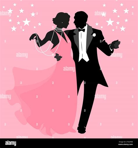 Elegant Dancers Couple Silhouettes Dancing In Retro Fashion Style