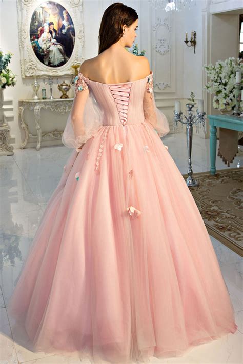 Pink Off Shoulder Tulle Long Prom Dress Sweet 16 Dress Dresstby