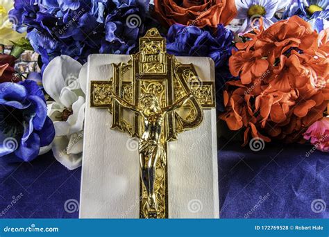 Gold Crucifix On White Bible With Spring Flowers Stock Photo Image Of