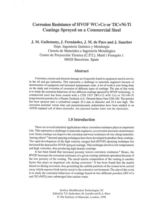 PDF Corrosion Resistance Of HVOF WC Co Or TiC Ni Ti Coatings Sprayed