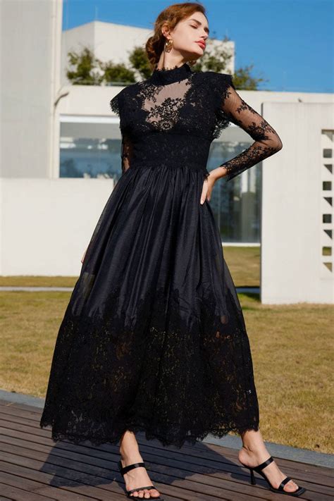 Vintage Mock Neck Sheer Lace Long Sleeve Evening Maxi Dress Black