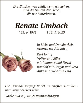 Traueranzeigen Von Renate Umbach Trauer Hna De