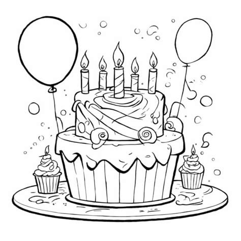 Download Birthday Cake Coloring Page with Balloons and Candles Coloring pages Online - Creative ...