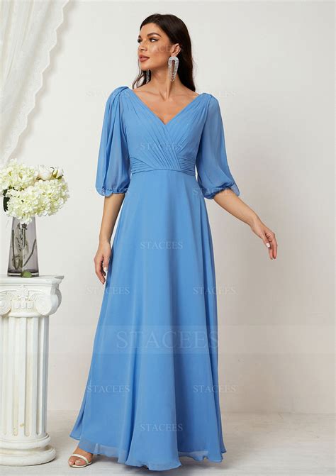 A Line V Neck Half Sleeve Chiffon Long Floor Length Mother Of The Bride