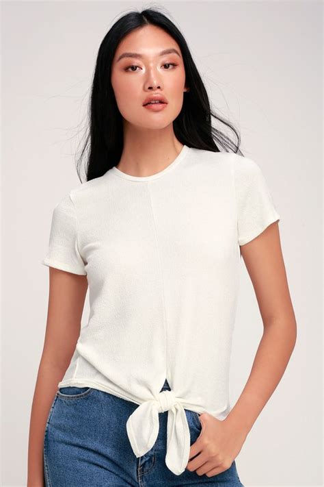 Lulus Basics Cream Top Tie Front Top Tee Short Sleeve Tee