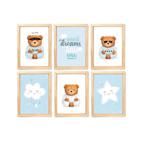 Kit Quadro Infantil Urso Azul Decorativo Quarto Menino Bebê