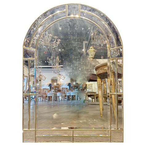 Vintage Arch Top Mirror With Brass And Beveled Glass From Italy