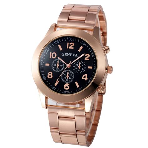 Clock Geneva Watch Women Roman Numerals Quartz Gold Stainless Steel