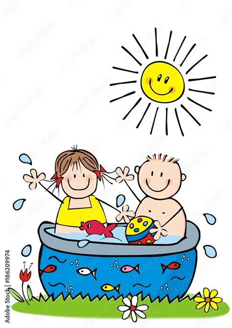 Happy kids in the swimming pool, funny vector illustration, hand ...