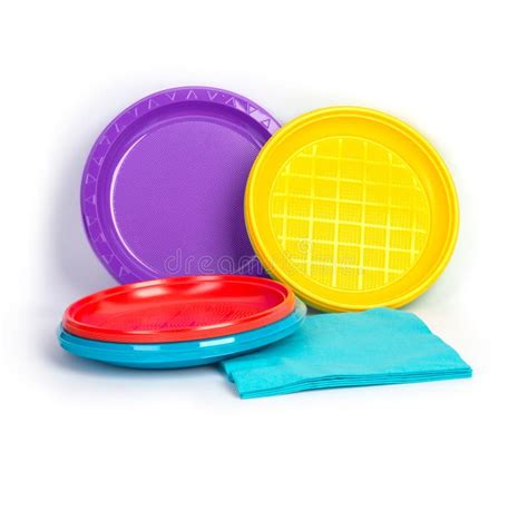 Disposable Bright Plastic Plates And Napkins Isolated On White ...