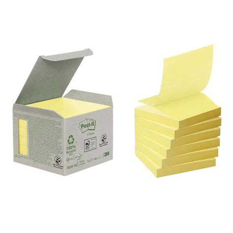 Post It Tour De 6 Blocs De Z Notes 100 Recyclées Jaunes 76x76mm Bloc