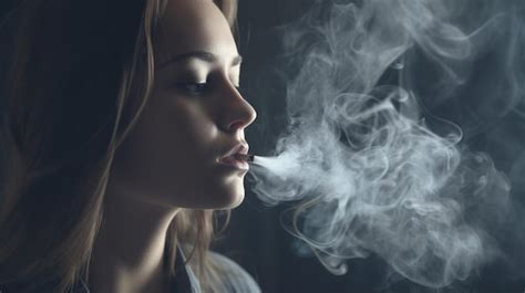 A woman smoking a cigarette with smoke coming out of her mouth ...