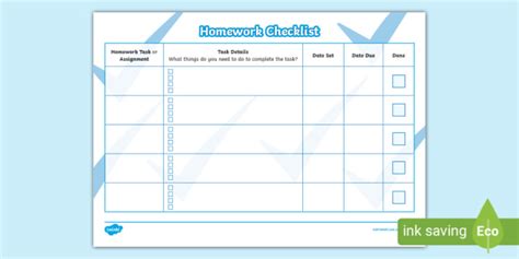 Homework Checklist Template For Students Primary Resources