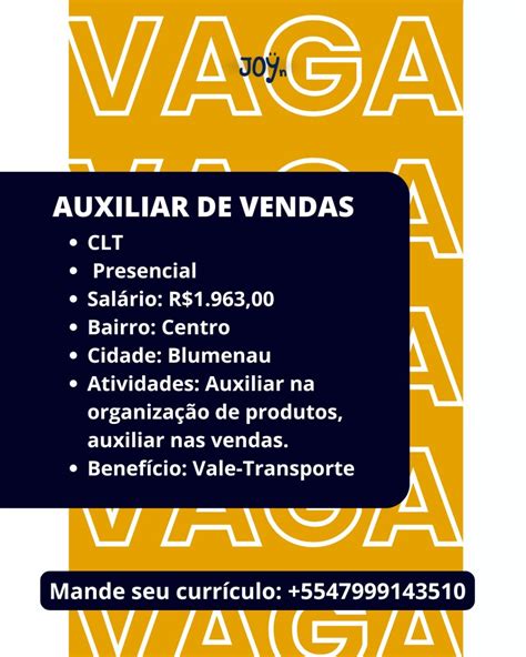 Vaga: Auxiliar de Vendas 📍 Blumenau – Centro (presencial) 💼 CLT ...