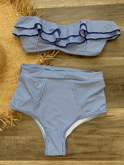 Free Shipping High Waist Bikini Bandeau Swimwear Women Ruffle Swimsuit Striped Swimming Suit