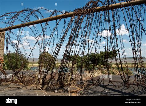 Barbed Wire Barricade On A Rooftop With River View Stock Photo Alamy