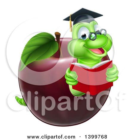 Clipart Of A Cartoon Happy Green Graduate Book Worm Reading In A Red