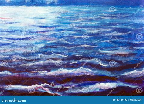 Blue Sea Waves at Night - Oil Painting Stock Photo - Image of ...