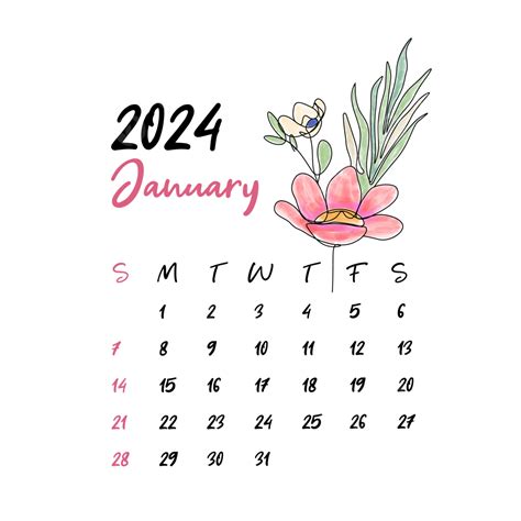 Calendario Floral Mensual Para Enero De 2024 Vector Png Calendario