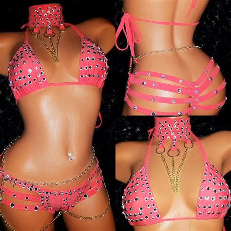 Quad Thong Set Wchoker Chain And Stones Exotic Dance Wear Stripper Outfit Custom Made To