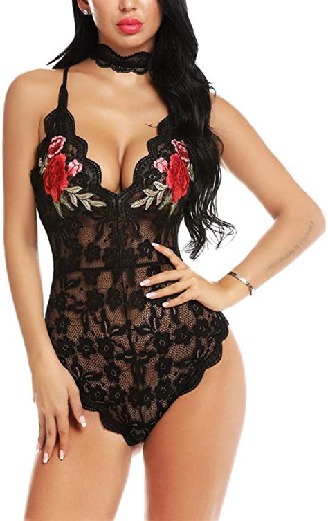 Women Lingerie Bodysuit Embroidered Lace Teddy With Choker One Piece