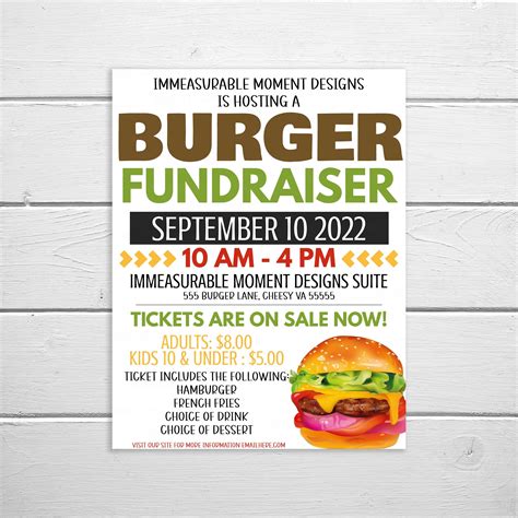 A Burger Fundraiser Flyer Is Shown On A White Background With Wood