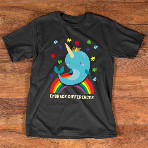 Embrace Differences Autism Awareness T Shirt For Unisex With Narwhal