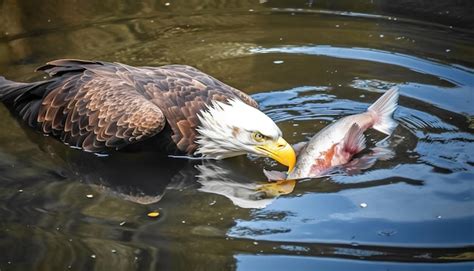 Premium AI Image | A bald eagle eats a fish in the water.