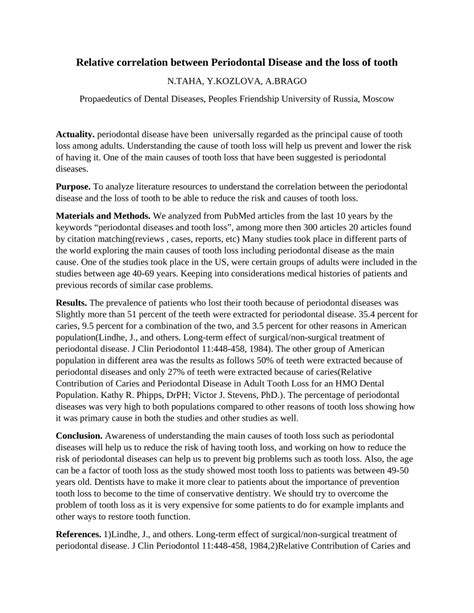 PDF Relative Correlation Between Periodontal Disease And The Loss Of