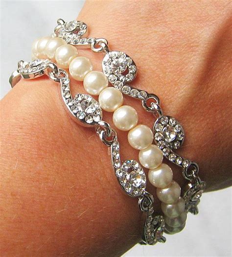 Pearl And Rhinestone Bracelet Bridal Bracelet Swarovski Etsy Bridal Cuff Bracelet Bridal