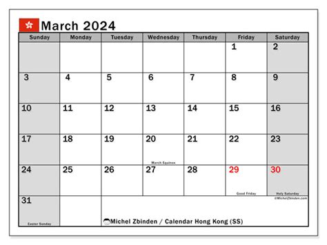 Calendar March 2024 - Hong Kong SS - Michel Zbinden HK