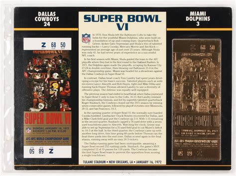 Commemorative Super Bowl VI Scorecard With 22kt Gold Ticket Pristine