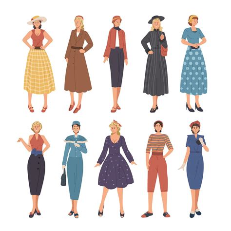 Vintage retro fashion collection with fashionable women in retro style